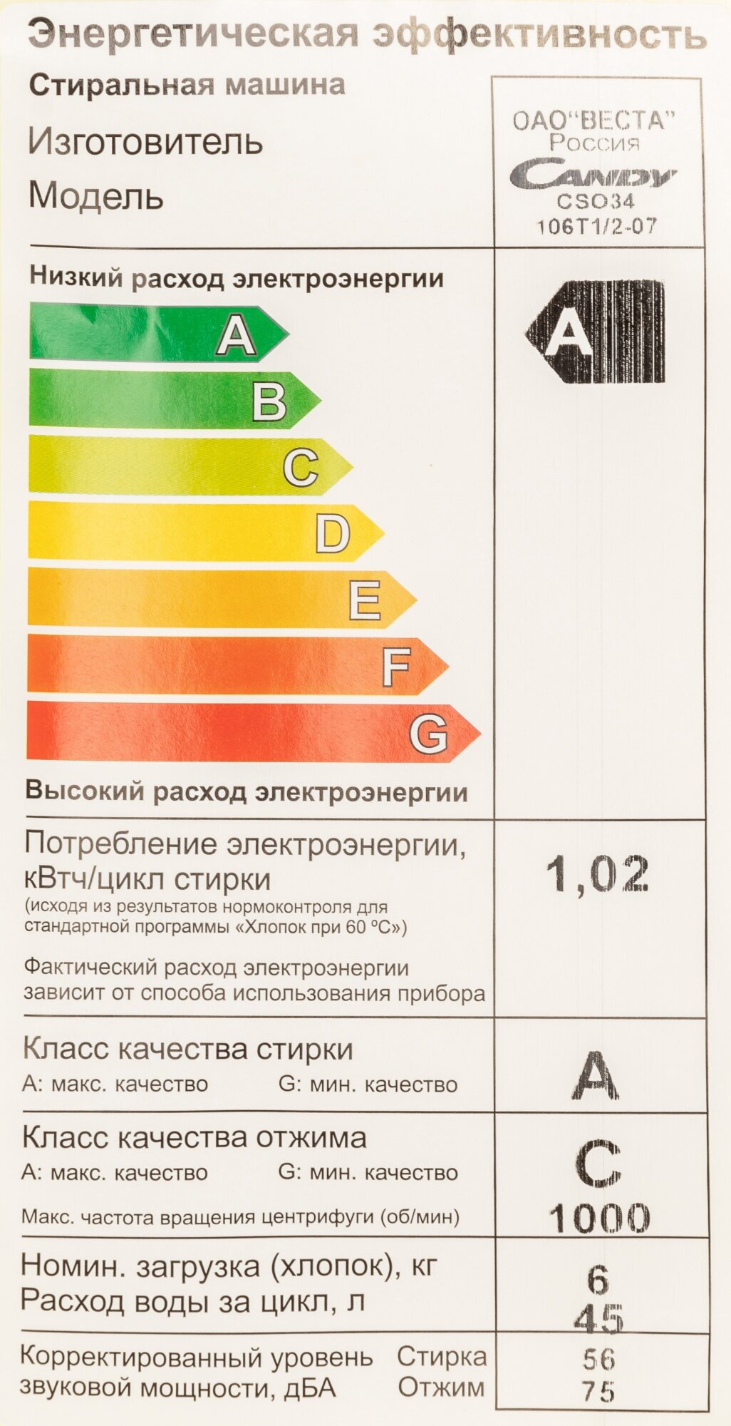 Стиральная машина CANDY CSO34 106T1/2-07, фронтальная, 6кг, 1000об/мин - фото №10