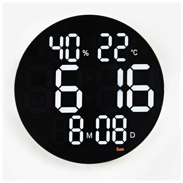 Часы электронные настенные: будильник, календарь, термометр, гигрометр, 1 CR2032, d-25 см - фотография № 6