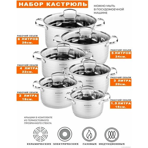 Набор кастрюль Hoffmann 1.5 л ,2 л ,3 л ,4 л, 5 л, 6 л