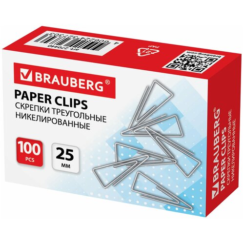 Скрепки BRAUBERG, 25 мм, никелированные, треугольные, 100 шт, в картонной коробке, 270440