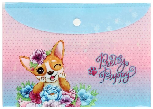 КОКОС Набор папка-конверт Pretty Puppy А7-А4 на кнопке, голубой/розовый