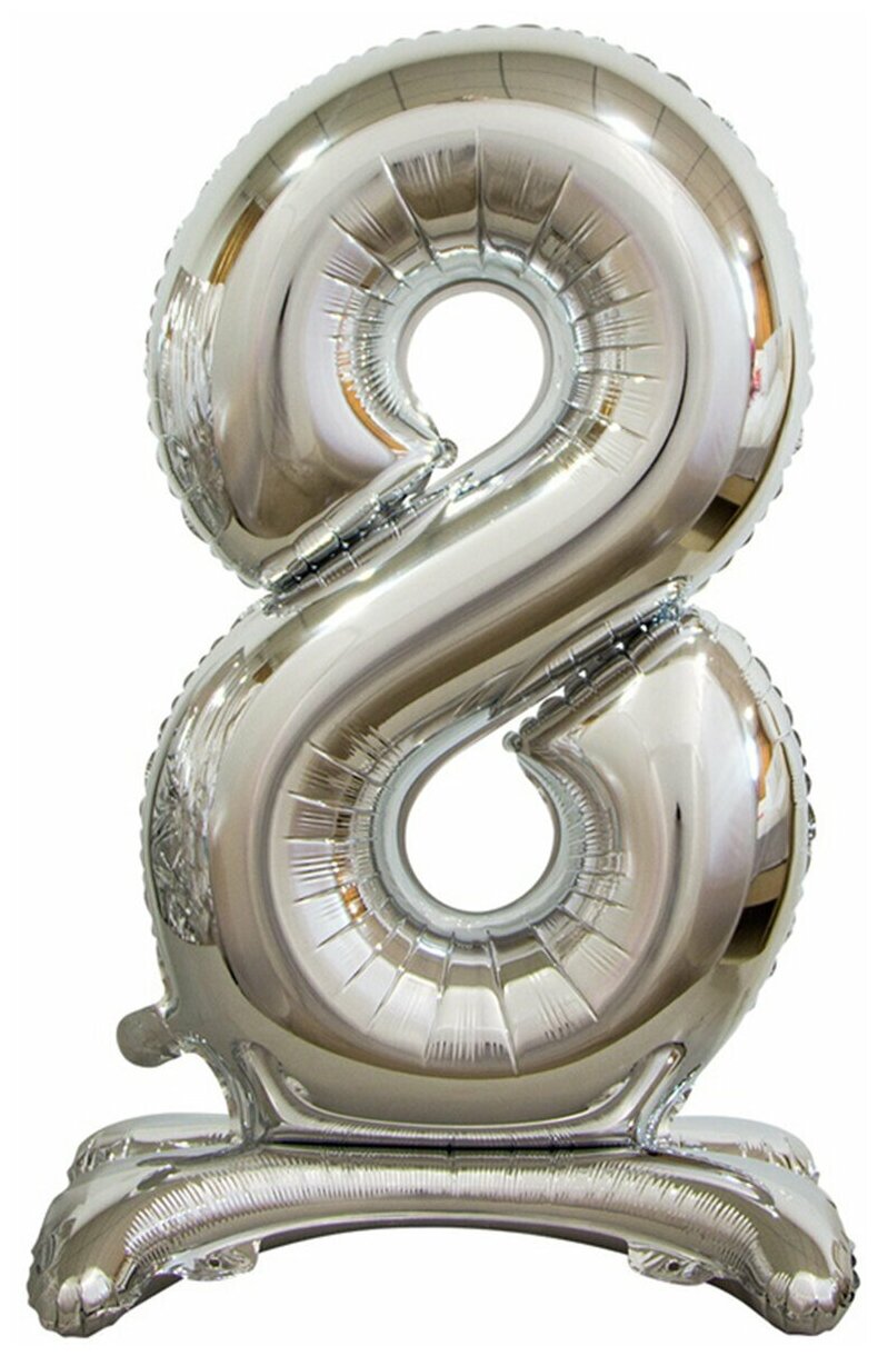 Воздушный ходячий шар фольгированный Riota Цифра 8, серебряная, на подставке, 95,5 см