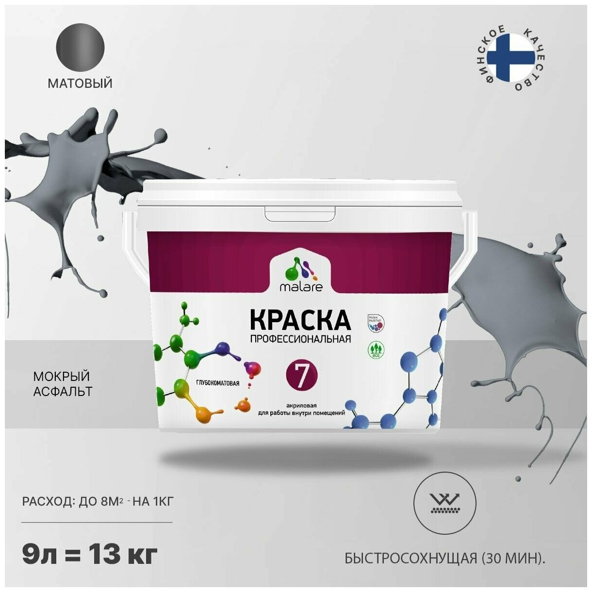 Краска Malare "Professional" Евро №7 для стен и обоев, быстросохнущая без запаха матовая, мокрый асфальт, (9л - 13кг).