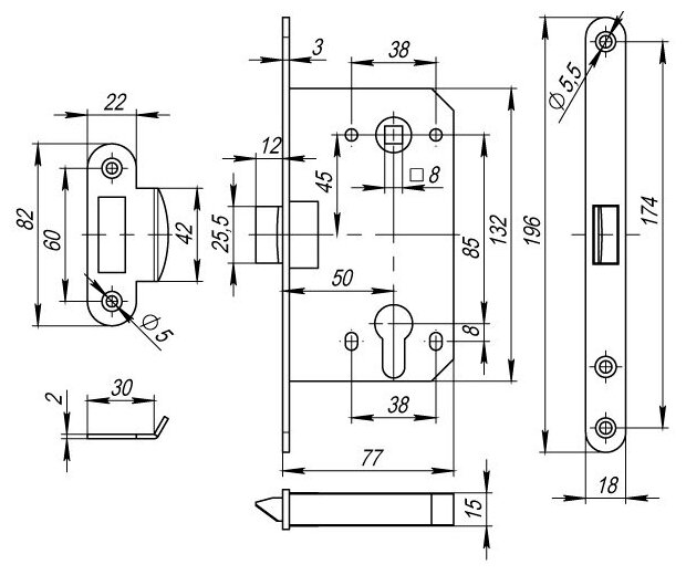 Корпус врезного замка c защёлкой Fuaro (Фуаро) PLASTP85C-50 (P85C-50) CP хром - фотография № 3