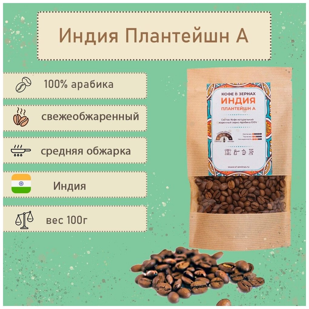 Шантирус Кофе Индия Плантейшн А 100% арабика в зернах coffee India plantation (Индия) 100г - фотография № 5