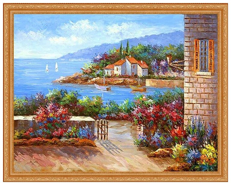 фото Алмазная мозаика Paintboy на подрамнике размер 40х50 круглые камешки WB 4213 Деревушка около моря