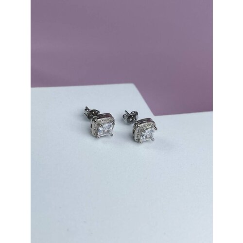 Серьги пусеты нержавеющая сталь, фианит, серебряный