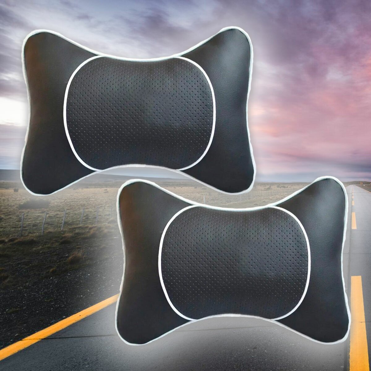 Комплект автомобильных подушек под шею на подголовник с вставкой из черной перфорированной экокожи (2 подушки)