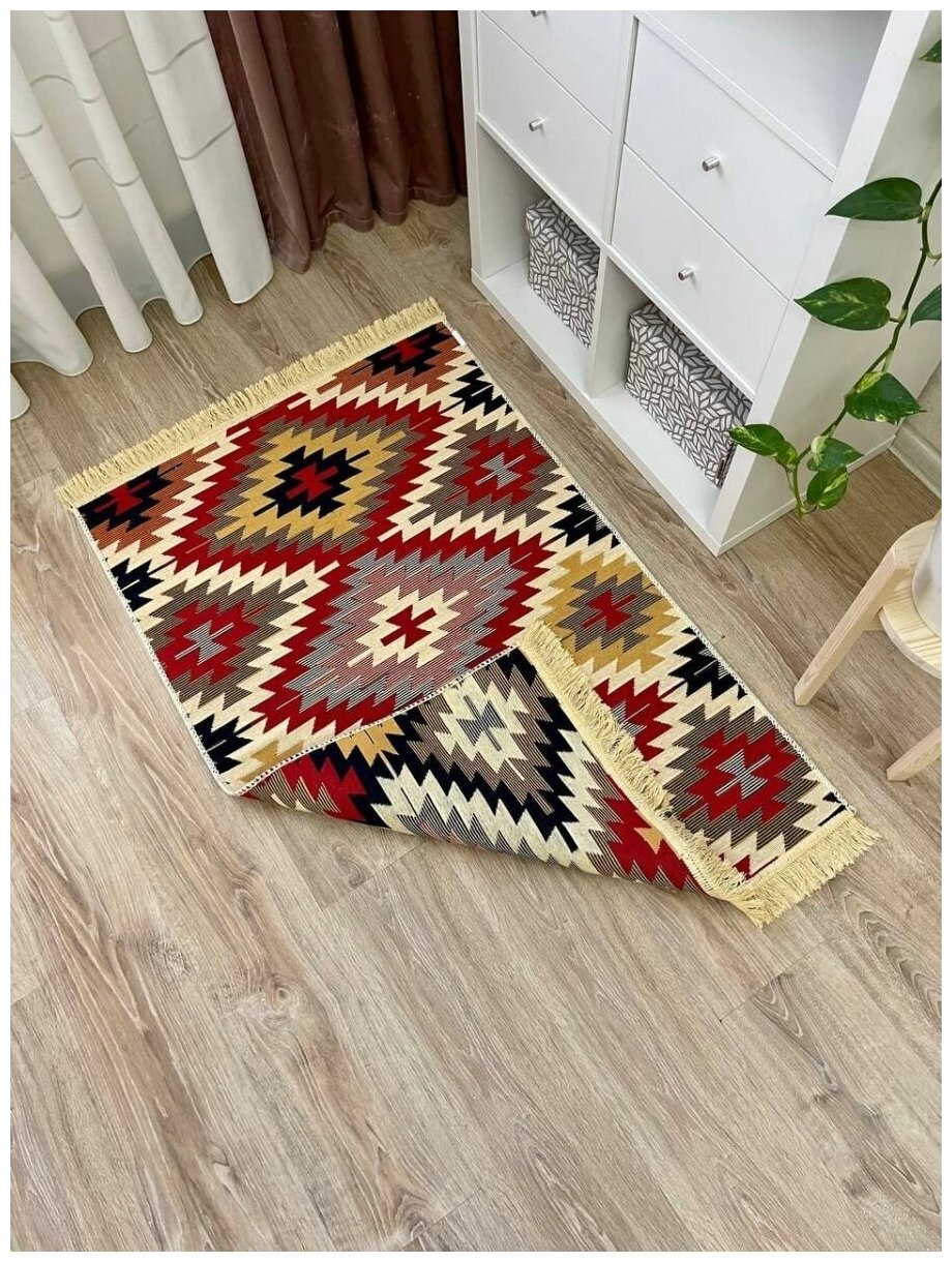 Турецкий хлопковый двусторонний ковер килим 80 см на 125 см / прикроватный коврик/ придверный коврик / эко килим Musafir Home 80 см на 125 см