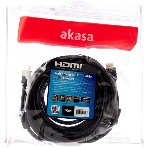 Кабель Akasa HDMI (AK-CBHD02), 15 м, 1 шт., черный кабель удлинитель akasa 3pin 60cm ak h254