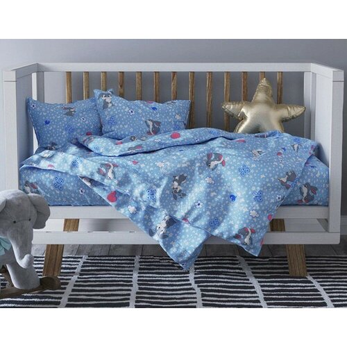 Детское постельное белье бязь зайки серые вид 4 бело-голубой Ясли (в детскую кроватку)