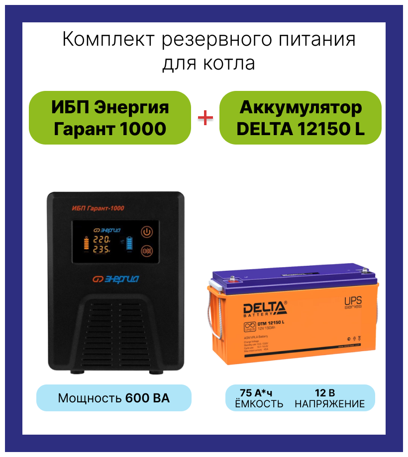 Интерактивный ИБП Энергия Гарант 1000 в комплекте с аккумулятором Delta DTM 12150L 600 Вт/150 А*Ч