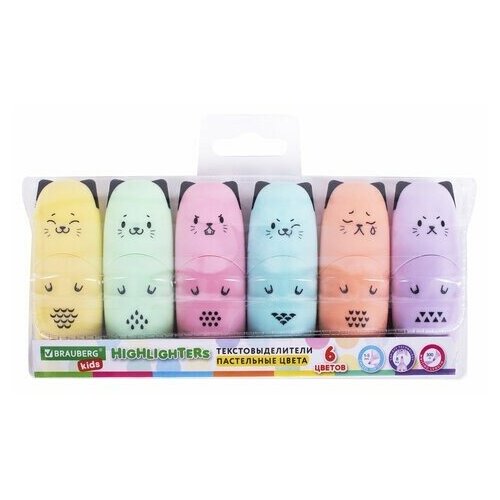 Набор текстовыделителей мини 6 цветов BRAUBERG KIDS CUTE CATS PASTEL, линия 1-5 мм, 152436