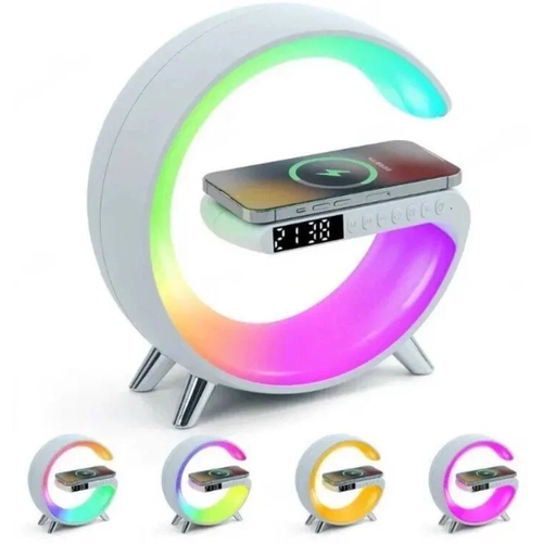 Стильный RGB Ночник с беспроводной зарядкой 15W/часами/ будильником и Bluetooth колонкой/ Цвет: Белый