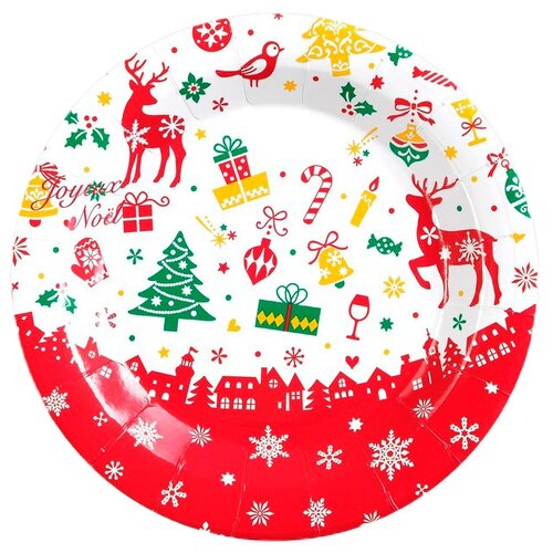 фото Страна карнавалия тарелки одноразовые бумажные новогодний город, 18 см, 6 шт., белый/красный