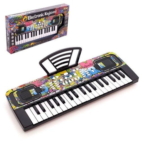Синтезатор Крутое граффити, 37 клавиш, с микрофоном, с пюпитром синтезатор 44 клавиши с микрофоном мелодии звук свет черный в коробке