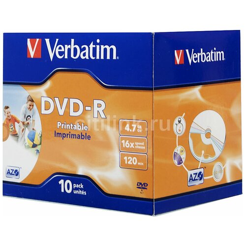 Оптический диск DVD-R Verbatim 4,7Gb 16x Printable JewelCase (43521) 10шт