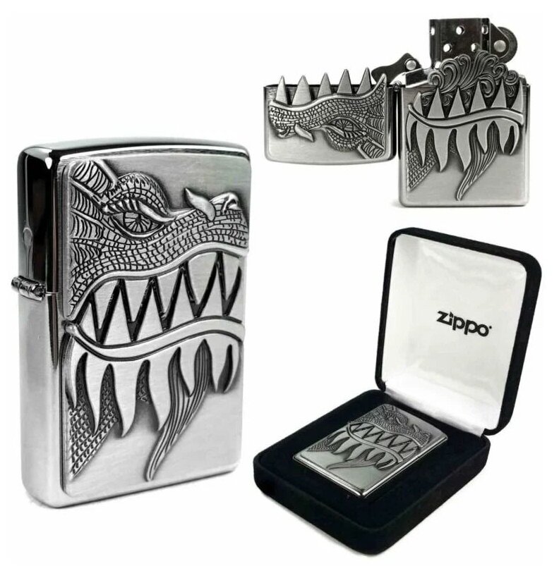 Зажигалка бензиновая Zippo 28969 Fire Dragon Brushed Chrome - фотография № 1