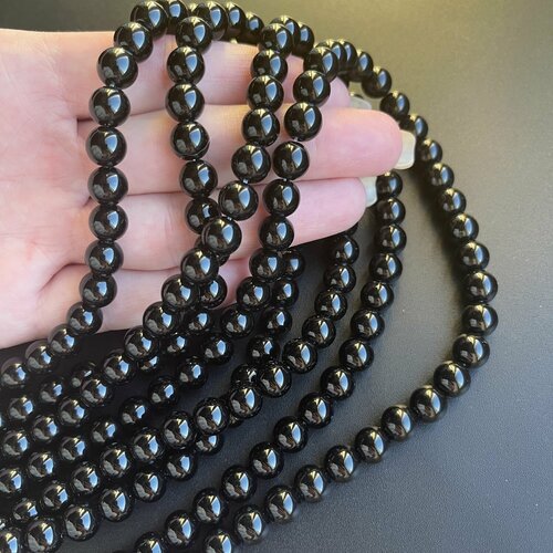 Бусины агат черный шар гладкий 8 мм нить 38 см, Suntrim