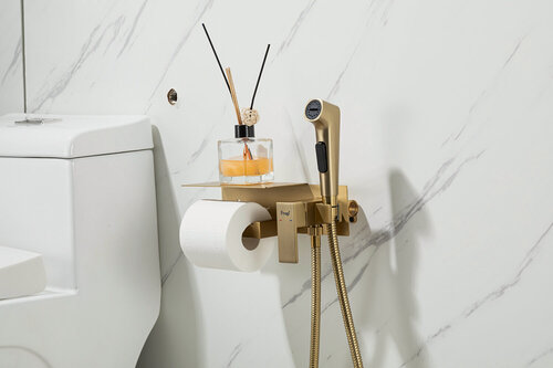 Изображение товара Гигиенический душ Frap F2076-3 с бумагодержателем и полочкой, золотой сатин