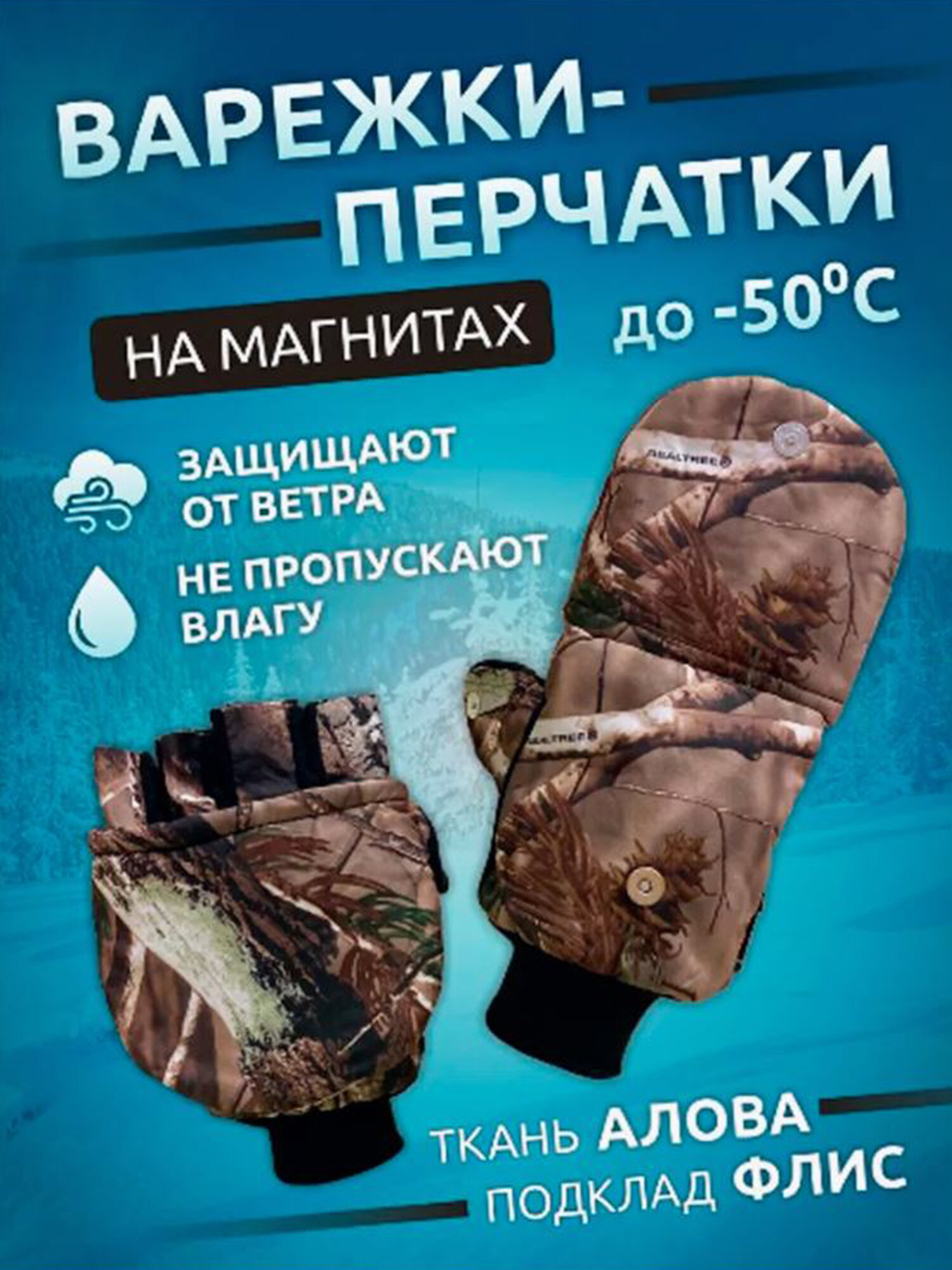 Варежки-перчатки с откидным клапаном на магните зимние унисекс