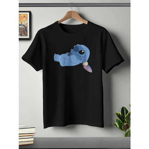 фото Футболка oneq унисекс 56-58 (3xl) размер с принтом стич, черная, размер 3xl, черный