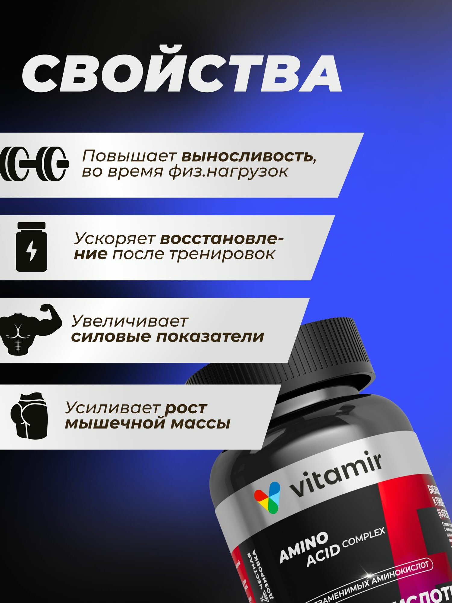 Аминокислоты комплекс VITAMIR PRO / Аминокислоты спортивное питание / 90 капсул — фото 1