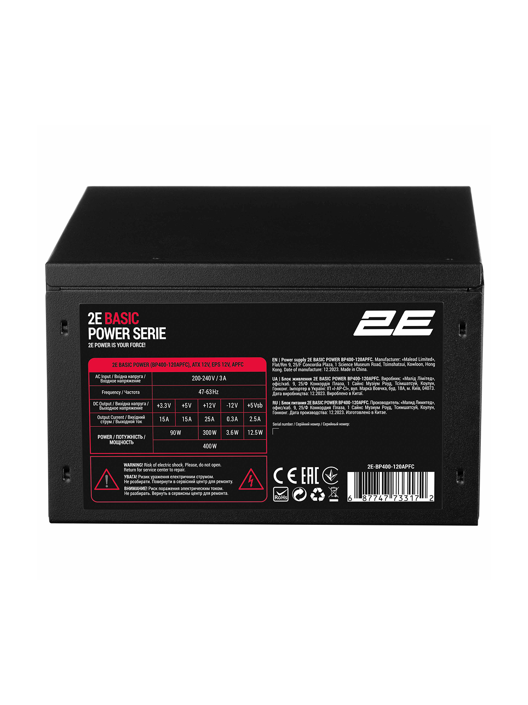 Блок питания 2E Basic Power, ATX, 400Вт, 1 вентилятор, APFC, защита, чёрный, 2E-BP400-120APFC