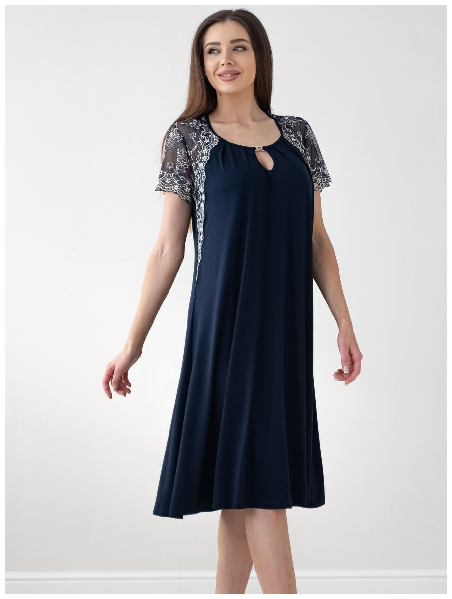 Женская ночная сорочка с рукавом и кружевом Федора, большой размер 52, темно-синий цвет. Текстильный край. - фотография № 5