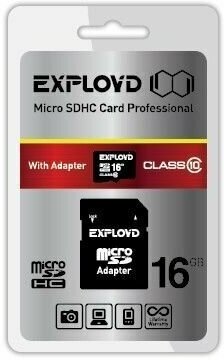 EXPLOYD EX016GCSDHC10-AD Карта памяти 16GB MicroSD class 10 + SD адаптер EXPLOYD