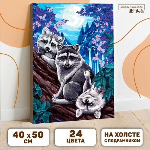 Картина по номерам на холсте с подрамником Еноты под луной 40 x 50 см картина по номерам красный кот в море под луной