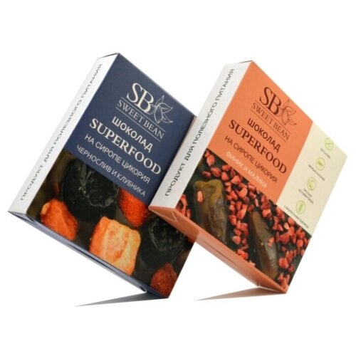 фото Набор изделий из шоколада на сиропе цикория "чернослив и клубника" + "финик и малина" sweet bean superfood, без сахара