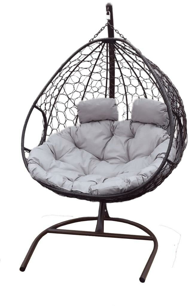 Подвесное кресло кокон с ротангом для двоих коричневое , подушка серая
