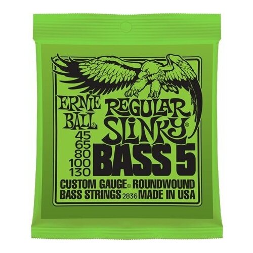 P02836 Regular Slinky Bass Комплект струн для 5-струнной бас-гитары, 45-130, никель, Ernie Ball p02835 extra slinky bass комплект струн для бас гитары 40 95 никель ernie ball