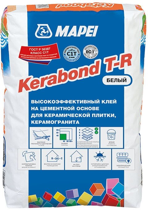 Клей для плитки/ керамогранита/ мозаики/ камня Mapei Kerabond T-R высокопрочный белый класс C1 T 25 кг
