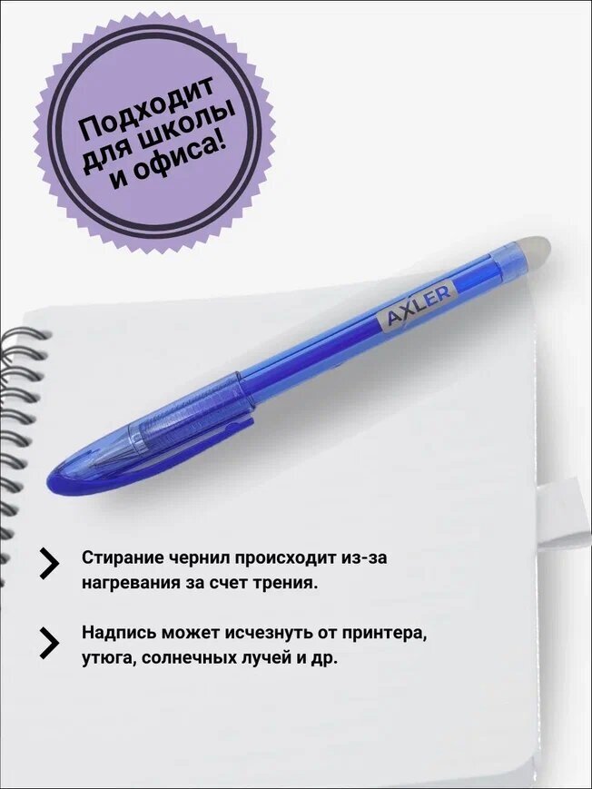 Ручка пиши стирай AXLER с ластиком, гелевая шариковая синяя, в наборе 2 шт. и 18 стержней со стираемыми чернилами, узел 0.5 мм