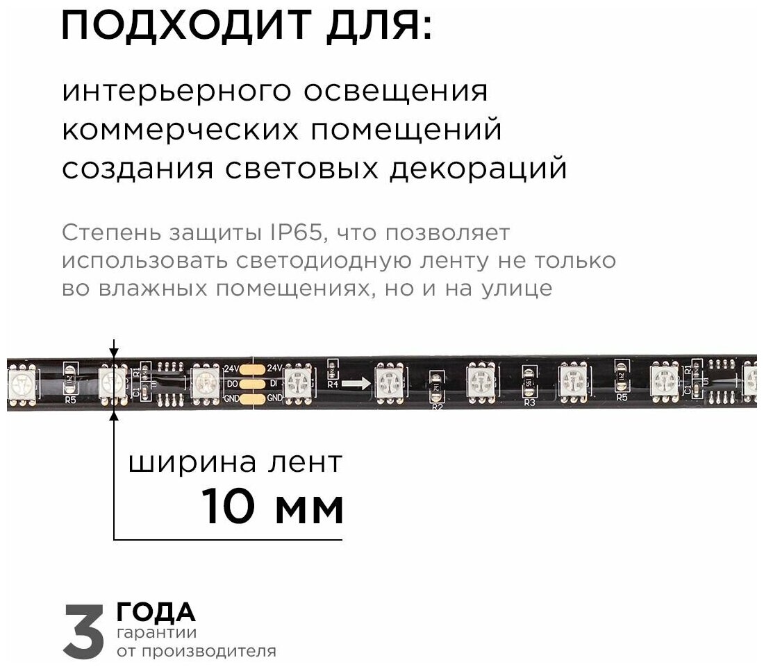 Комплект адресной светодиодной ленты Apeyron 10-102, подложка 10 мм (черная), 24В, 14,4Вт/м, smd5050, 60д/м, IP65, 10м, RGB - фотография № 9