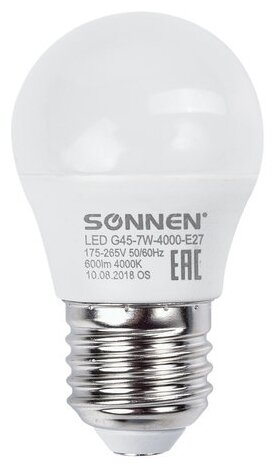 Лампа светодиодная SONNEN 453704, E27, G45, 7 Вт, 4000 К - фотография № 1