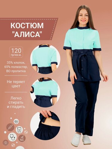 Изображение товара Костюм медицинский женский, ткань тиси, цвет мята/т-синий, размер 48/50
