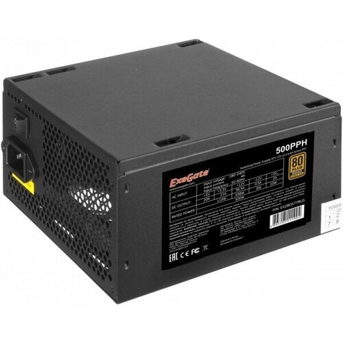 Блок питания 500W ExeGate 500PPH-S 80+Bronze, ATX, black, APFC, 12cm, 24p, (4+4)p, 5*SATA, 3*IDE с защитой от выдергивания блок питания exegate 80 plus® bronze 500pph s atx apfc кпд 85% 80 plus bronze sc 12cm fan 24pin 4 4 pin pcie 5xsata 3xide black