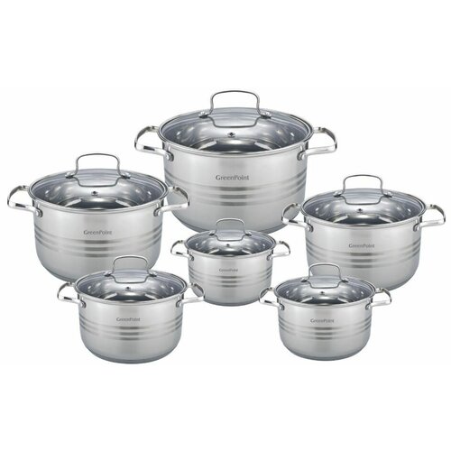 Набор кастрюль GREEN POINT GP-2122 12 предметов, 2,1, 2,9х2, 3,9х2, 6,6л, серебристый