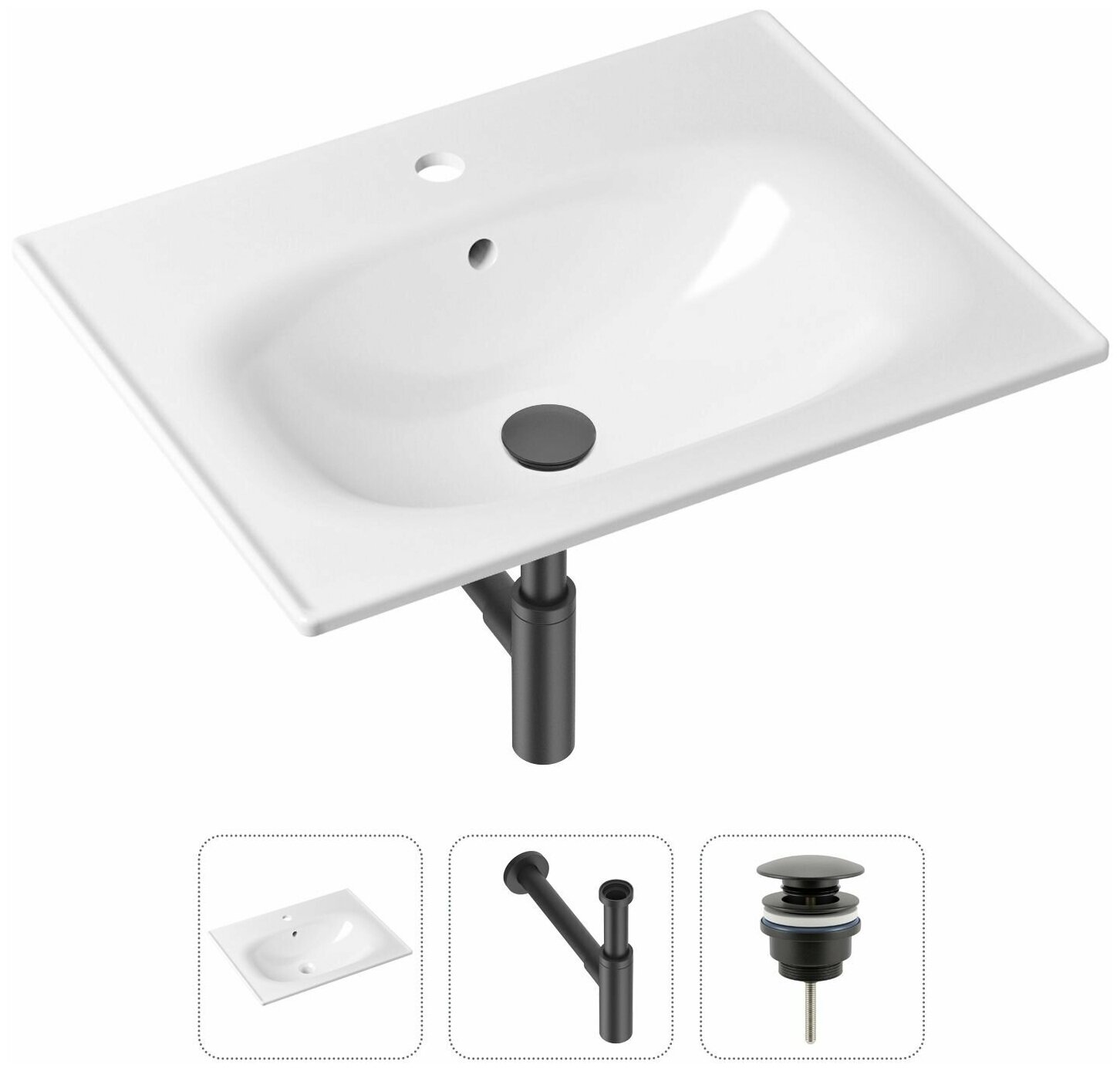 Врезная раковина в ванную Lavinia Boho Bathroom Sink 21520470 в комплекте 3 в 1: умывальник белый, донный клапан и сифон в цвете матовый черный