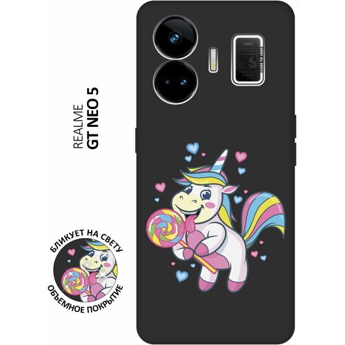 Матовый чехол Unicorn and candy для Realme GT Neo 5 / GT3 / Реалми ГТ Нео 5 / ГТ3 с 3D эффектом черный матовый чехол are you a pooch w для realme gt neo 5 gt3 реалми гт нео 5 гт3 с 3d эффектом черный