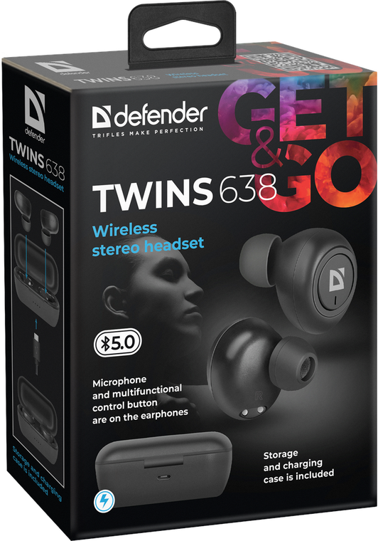 Наушники Defender Twins 638 беспроводные, вкладыши, с микрофоном, TWS, Bluetooth, черный