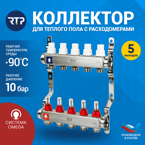 Коллекторная группа с расходомером и кронштейном (евроконус 3/4) нержавеющая сталь SUS 304 1х 5 выходов, RTP