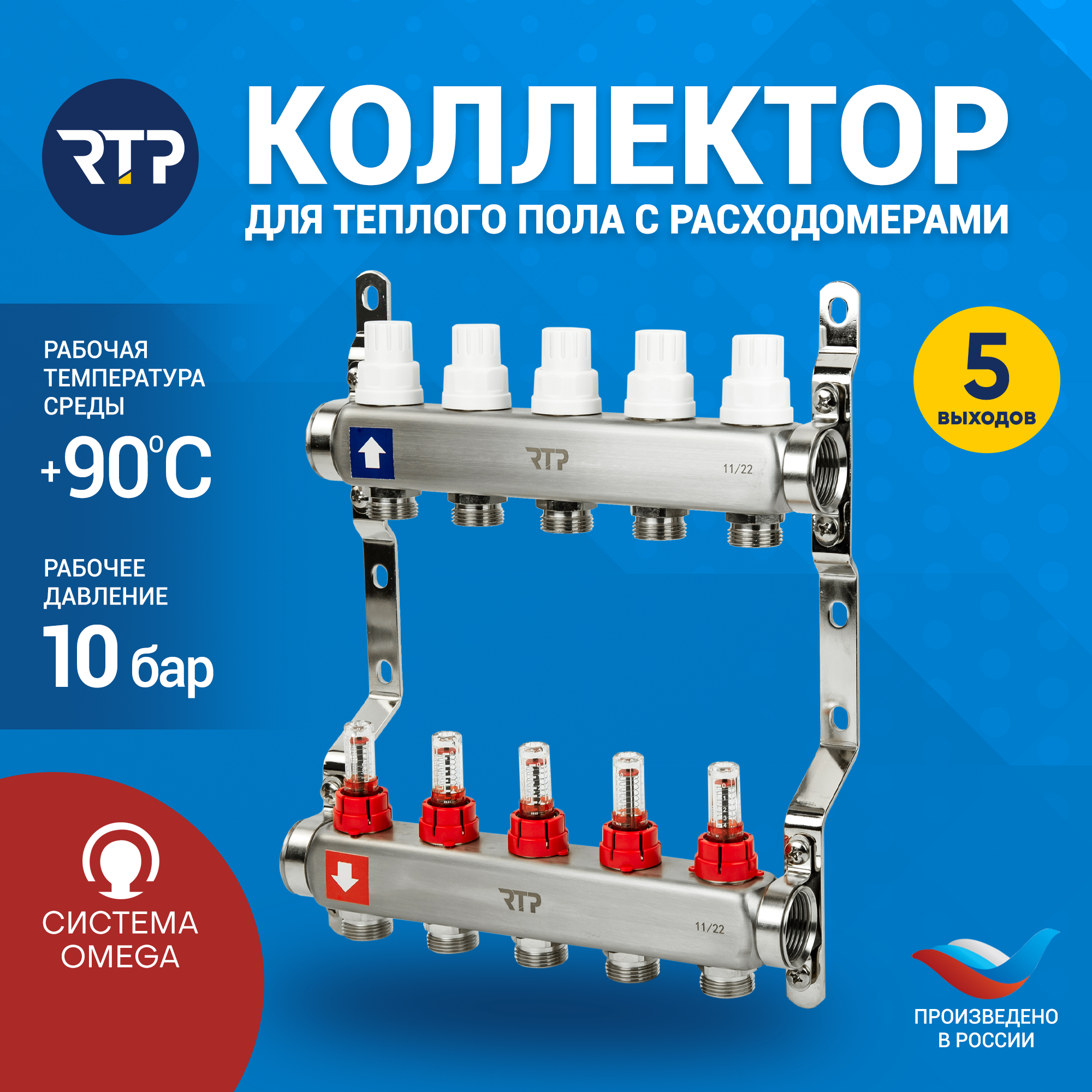 Коллекторная группа с расходомером и кронштейном (евроконус 3/4") нержавеющая сталь SUS 304 1"х 5 выходов, RTP