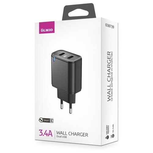 Сетевое зарядное устройство (блок питания) USBx2, 3.4A, Smart IC, OLMIO
