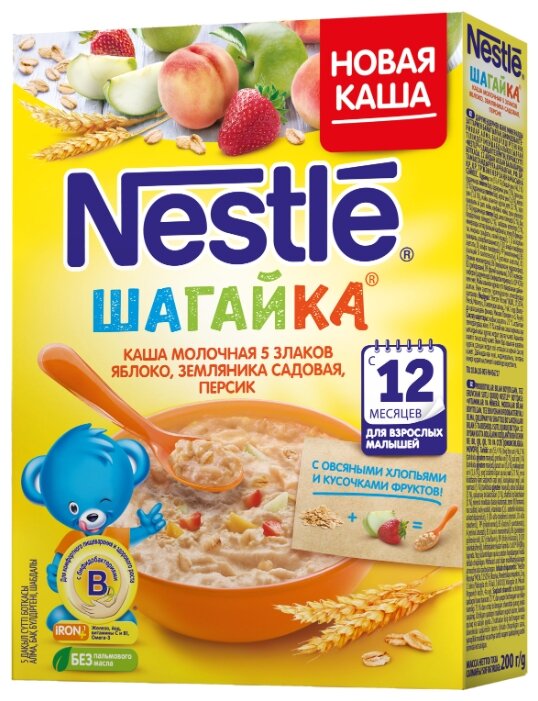Каша Nestlé молочная Шагайка 5 злаков с кусочками яблока, земляники садовой и персиком (с 12 месяцев) 200 г