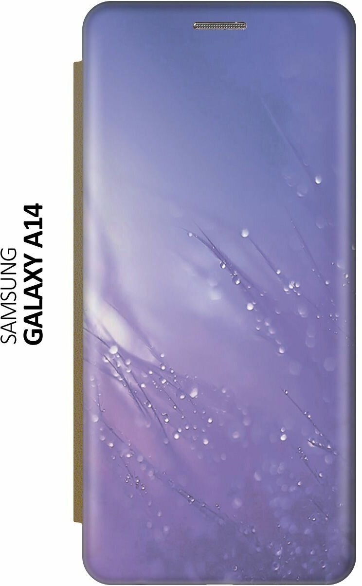 Чехол-книжка на Samsung Galaxy A14, Самсунг А14 c принтом "Капли на синей траве" золотистый