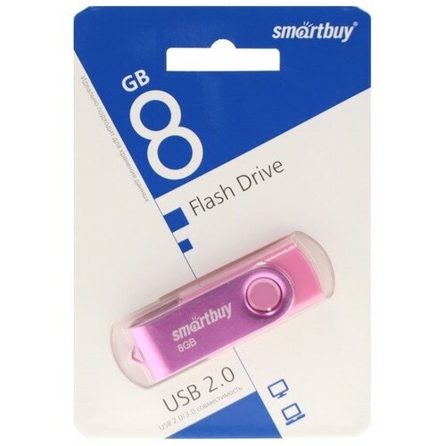 Флешка Smartbuy Twist, 8 Гб, USB 2.0, чт до 25 Мб/с, зап до 15 Мб/с, розовая флешка 32gb smartbuy twist dual sb032gb3duotwk